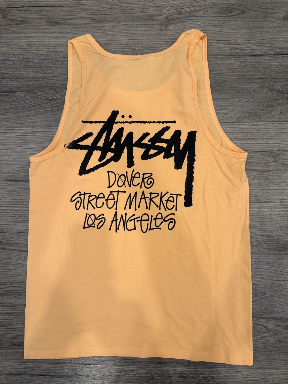 Peach with Black Font Stüssy Dover Street Market Los Angeles Cut Tag Tank Sz Lrg